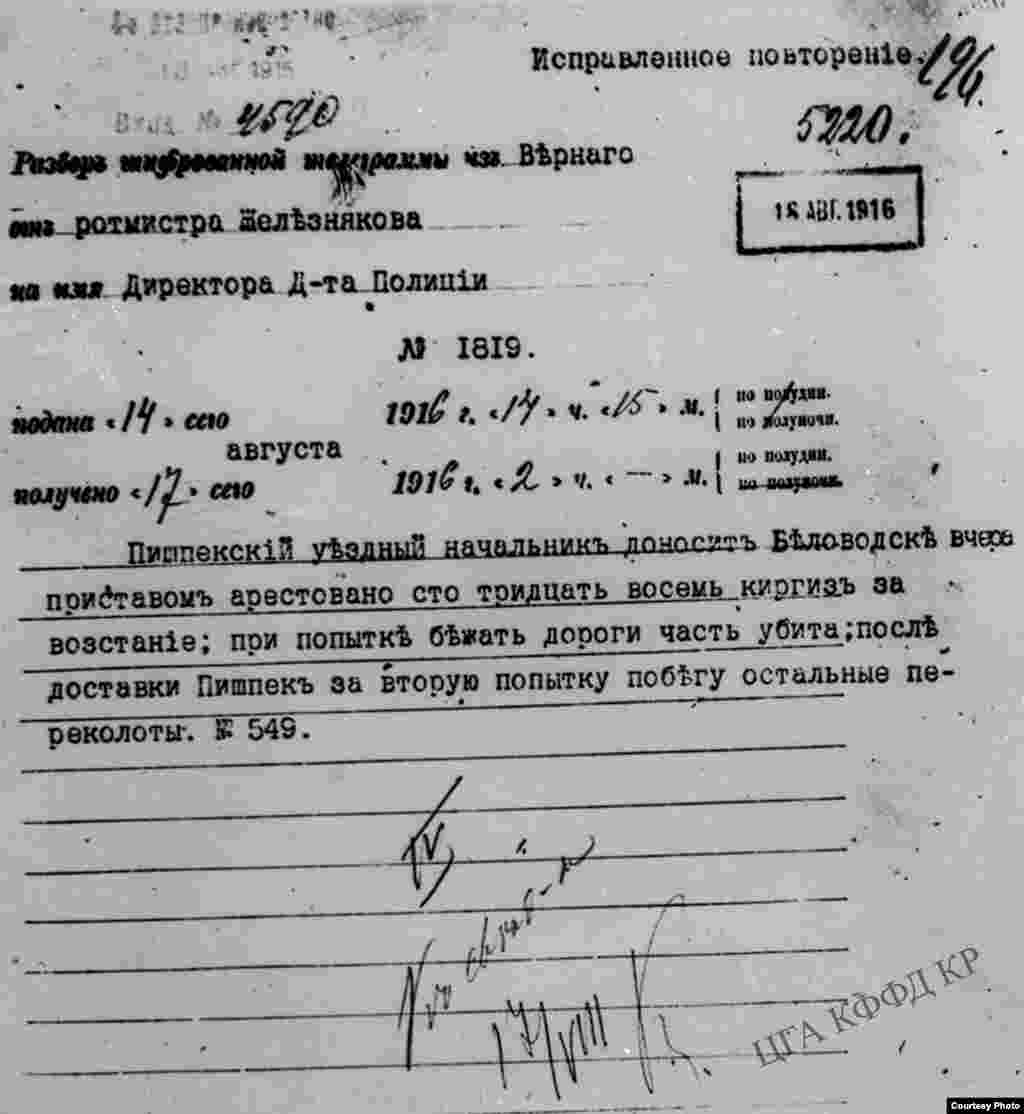 Телеграмма из Верного от ротмистра Железнякова на имя Директора департамента полиции о расправе с восставшими кыргызами в Беловодском. 1916 год. &nbsp;&nbsp;