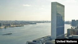 Aerial view of UN Headquarters on the East River in New York City.