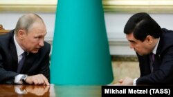 Президенты России и Туркменистана Владимир Путин и Гурбангулы Бердымухамедов. Ашхабад, 2 октября 2017 года.