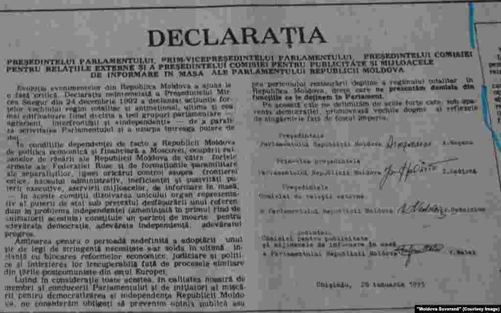 &quot;Moldova Suverană&quot;, 30 ianuarie 1993, declaraţia lui Alexandru Moşanu, Ion Hadârcă, Valeriu Matei şi Vasile Nedelciuc, prin care cei patru anunţau demisia de la conducerea parlamentului şi trecerea în opoziţie