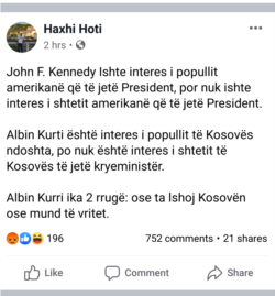 Postimi i Haxhi Hotit në Facebook