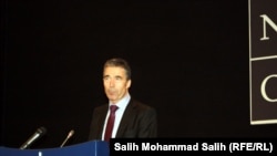 NATO Secretary-General Anders Fogh Rasmussen at the press conference in Brussels on April 19.