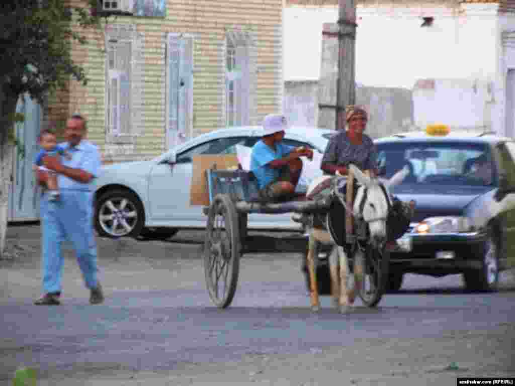 Türkmenabadyň merkezinde eşek arabaly bir oglan