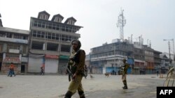 Indian paramilitary troopers during a strike in Kashmir in October. 