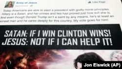 A Facebook ad linked to a Russian effort to disrupt the 2016 U.S. presidential contest between Democrat Hillary Clinton and Republican Donald Trump.
