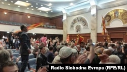 Демонстрантите од иницијативата „ За заедничка Македонија“ во Собранието на 27 април. 