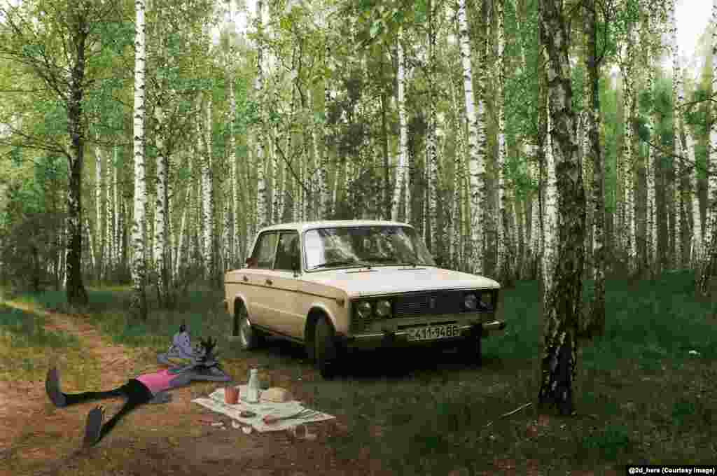 Wolf from the Soviet-era television cartoon Nu, Pogodi! chilling by a Lada in a birch grove. 