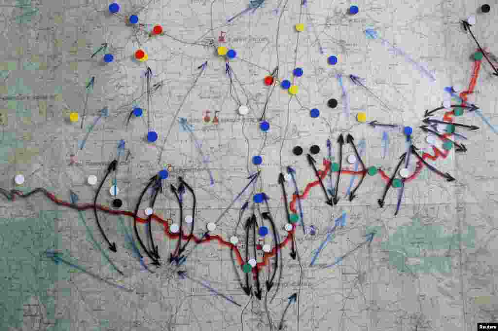 A map of the Serbian-Macedonian border inside a Presevo police station, illustrating various routes that illegal migrants use to cross from one country to the other.