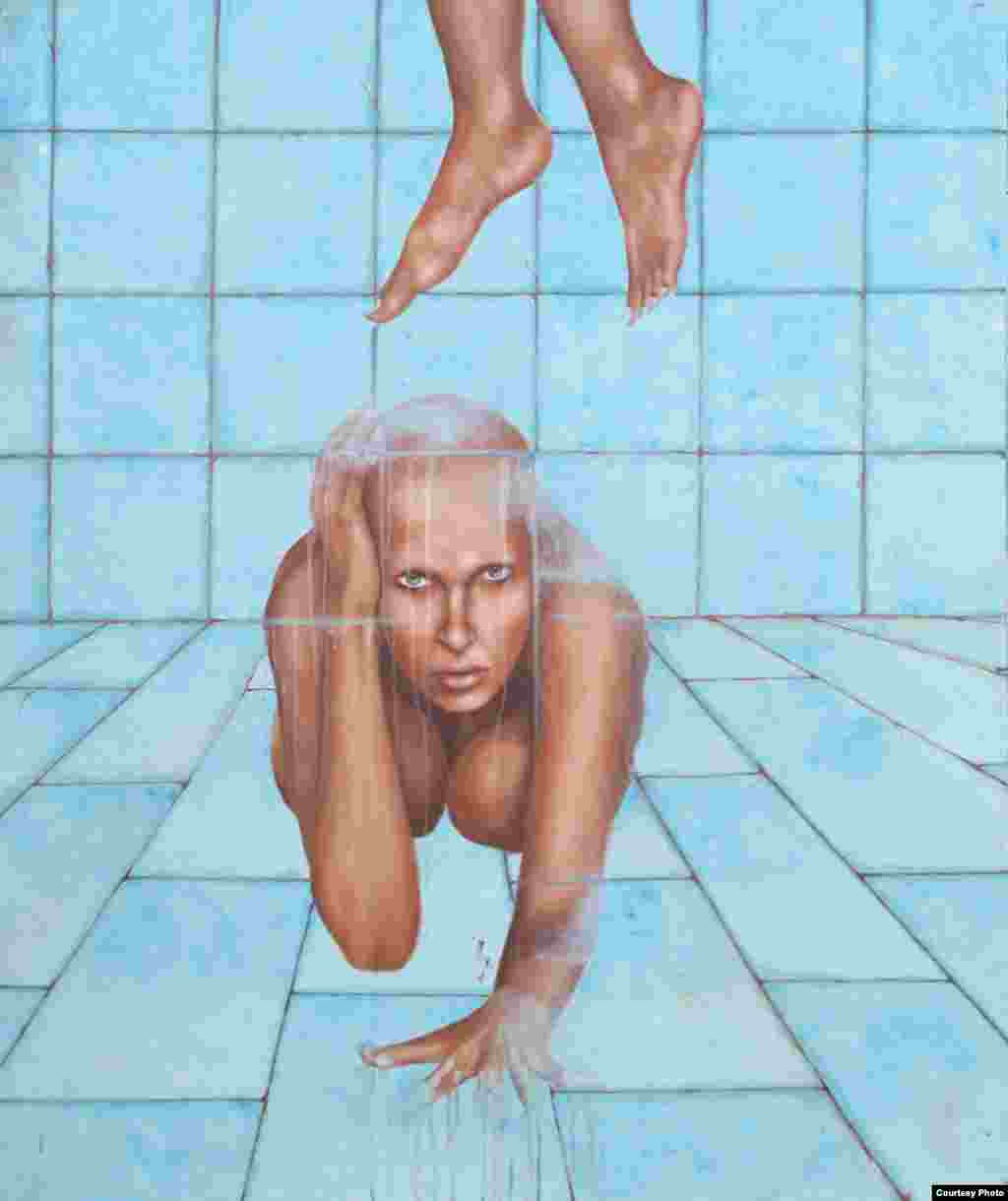 Nikoo Tarkhani, 27, is a painter who lives and works in Tehran. This piece is titled "This Is Not A Woman." She writes in gallery materials that women in her paintings "have no criteria of womanhood" because "they're bald and, although they're naked, the feminine organs do not exist." She says her works are influenced by Surrealism, Expressionism, and figurative styles, but they "still have the accent of contemporary art."