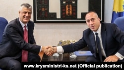 Kosovar Prime Minister Ramush Haradinaj (right) and President Hashim Thaci (shown here in happier times) are in sharp disagreement over the arrest and deportation of six Turkish nationals.