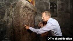 Armenia -- European Council President Donald Tusk visits the medieval Sevanavank monastery, July 10, 2019.