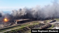 An aerial view shows shelling in the Azovstal steelworks complex, amid Russia's invasion of Ukraine, in Mariupol on May 5.
