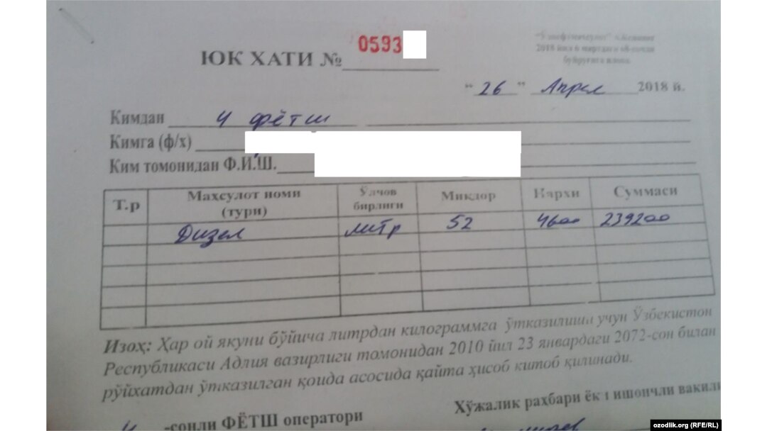 Фермерга имзо қўйиш учун берилган юк хати