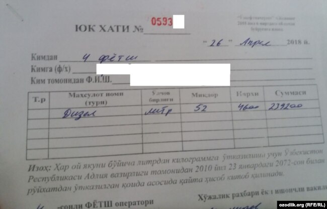 Фермерга имзо қўйиш учун берилган юк хати