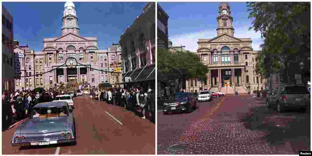 Left photo: The motorcade of U.S. President John F. Kennedy as it moves through downtown Fort Worth, Texas, on November 22, 1963. Right photo: The Tarrant County Courthouse seen from Main Street in downtown Fort Worth, Texas, on November 8, 2013.