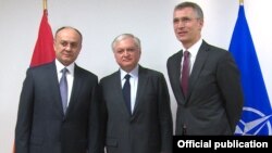 Belgium - From R to L: Jens Stoltenberg, NATO's Secretary General, Edward Nalbandian, Armenian Foreign Minister, and Seyran Ohanian, Armenian Minister of Defense, in Brussels,09Mar,2016