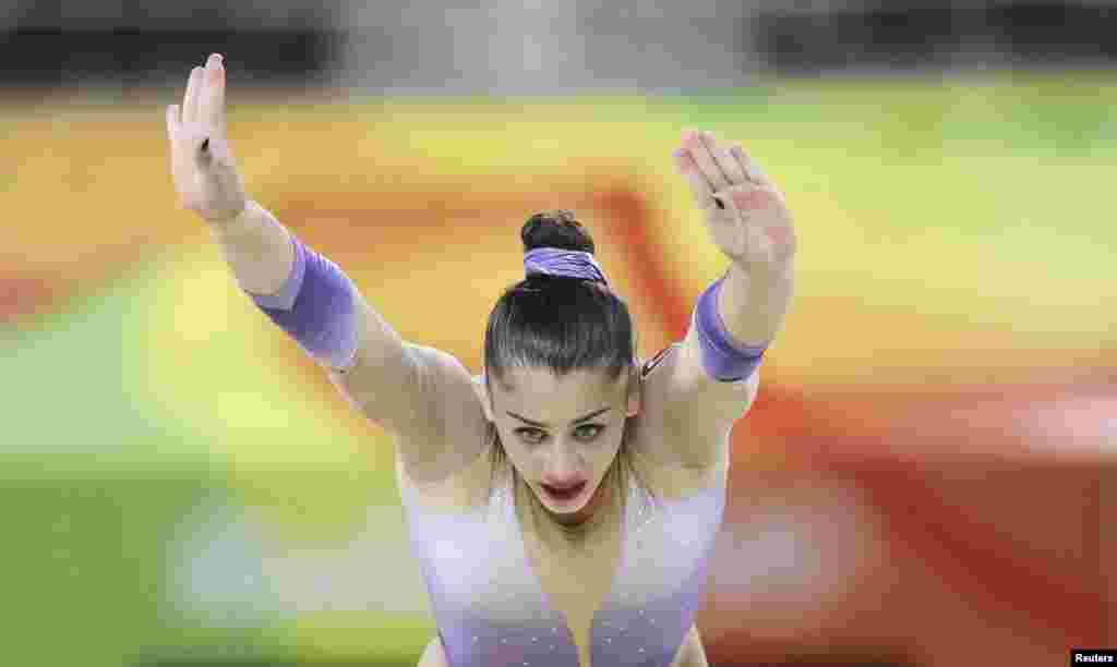 Tutya Yilmaz of Turkey competes on the floor in artistic gymnastics.