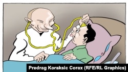 A political cartoon by Corax showing Russian President Vladimir Putin and Serbian Prime Minister Aleksandar Vucic.