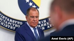 Russian Foreign Minister Sergei Lavrov arrives for a press conference in Sarajevo on September 21.