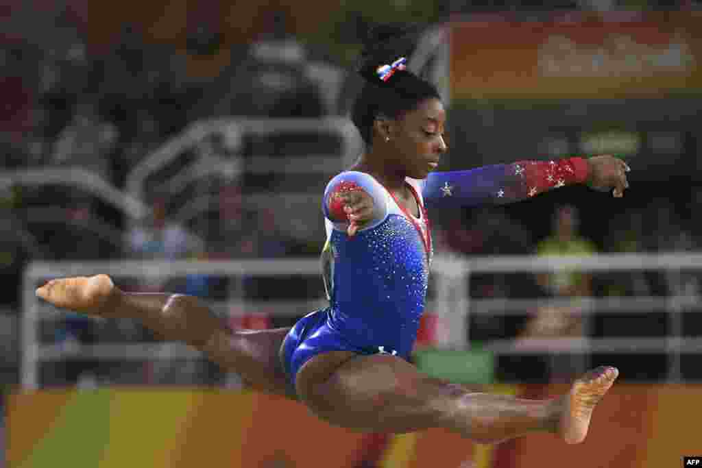 U.S. gymnast Simone Biles competes in the final of the women's floor event of the artistic gymnastics, where she took a fourth gold medal.