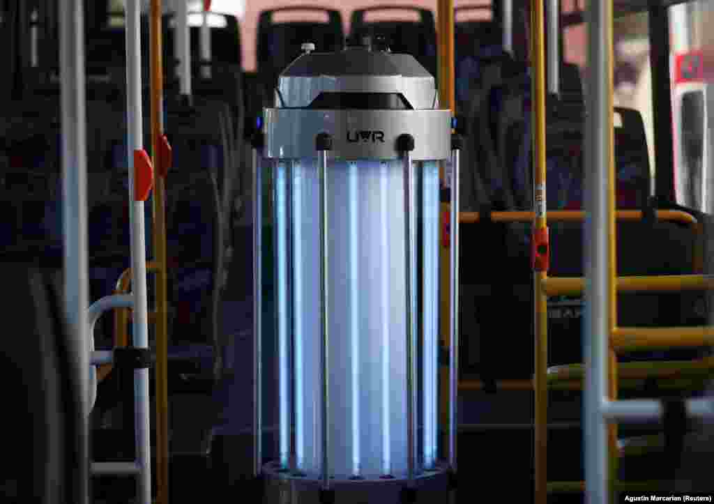 A robot made by Argentine company UV-Robotics uses UV light to detect germs and sanitize, in a bus, in Buenos Aires, Argentina, April 30, 2020.