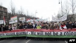 An estimated 100,000 people rally in support of Prime Minister Viktor Orban in Budapest on January 21.