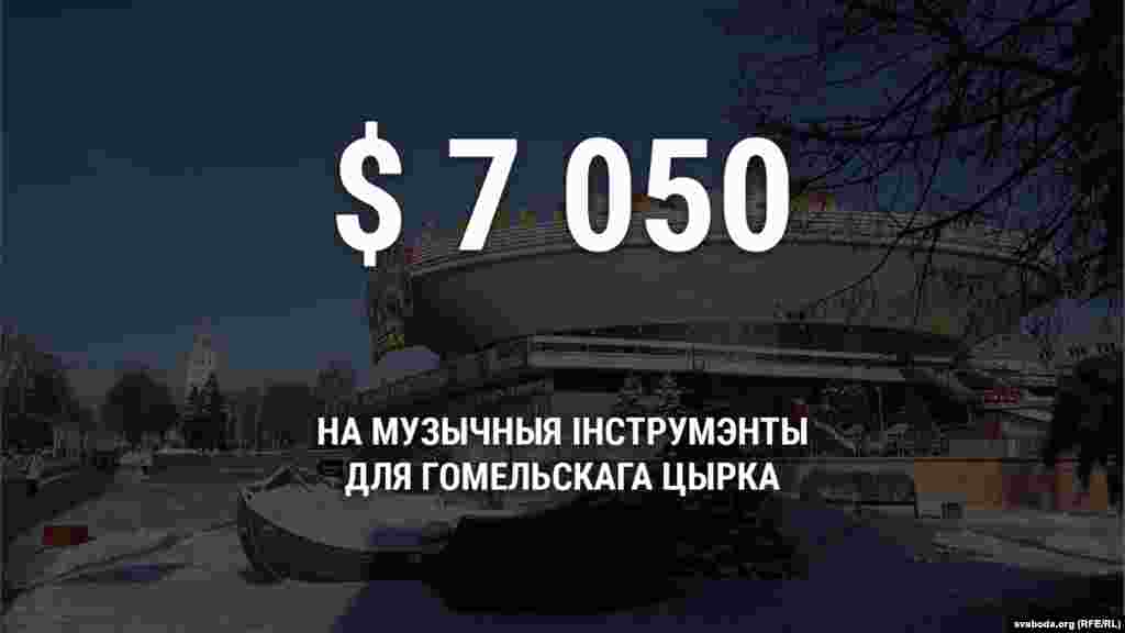 Жнівень 2012&nbsp;году.&nbsp;59&nbsp;мільёнаў рублёў (7050&nbsp;даляраў) на&nbsp;набыцьцё музычных інструмэнтаў для Гомельскага цырку. Грошы з&nbsp;фонду кіраўніка краіны таксама атрымалі Акадэмічны музычны тэатар, Нацыянальны мастацкі музэй, Музэй гісторыі тэатральнай і&nbsp;музычнай культуры ды&nbsp;іншыя культурныя ўстановы. Агулам было выдзелена каля 118 тысяч даляраў. 