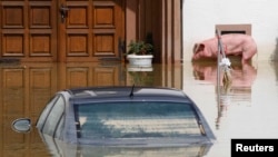 Floodwaters in the village of Prud, Bosnia