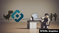 Лого Роскомнадзора с маленьким пиксельным динозавром, который появляется в браузере, когда нет подключения к сети. Коллаж