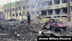 The aftermath of the Russian air strike on a maternity ward and children's hospital in Mariupol, Ukraine, on March 9, 2022.