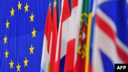 بیرق های شماری از کشورهای عضو اتحادیه اروپا در کنار بیرق این اتحادیه