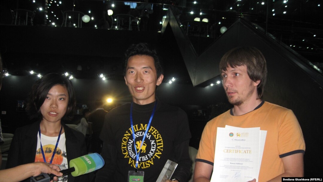 The winning team in Kazakhstan's Youth Art Fest live action short film competition included film operator Tiantian Kian of China (left), director Vladimir Sim of Kazakhstan (center) and editor Roman Sukhosyr, also of Kazakhstan.