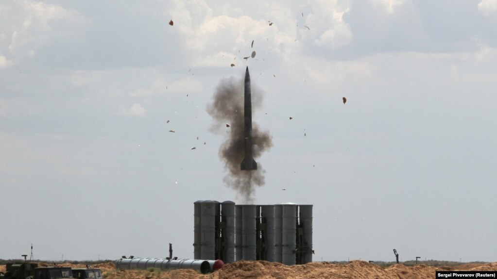 A Russian S-300 air-defense system launches a missile during military exercises near Astrakhan in 2019.
