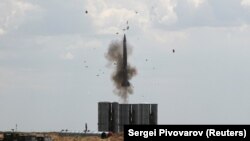 A Russian S-300 air-defense system launches a missile during military exercises near Astrakhan in 2019.