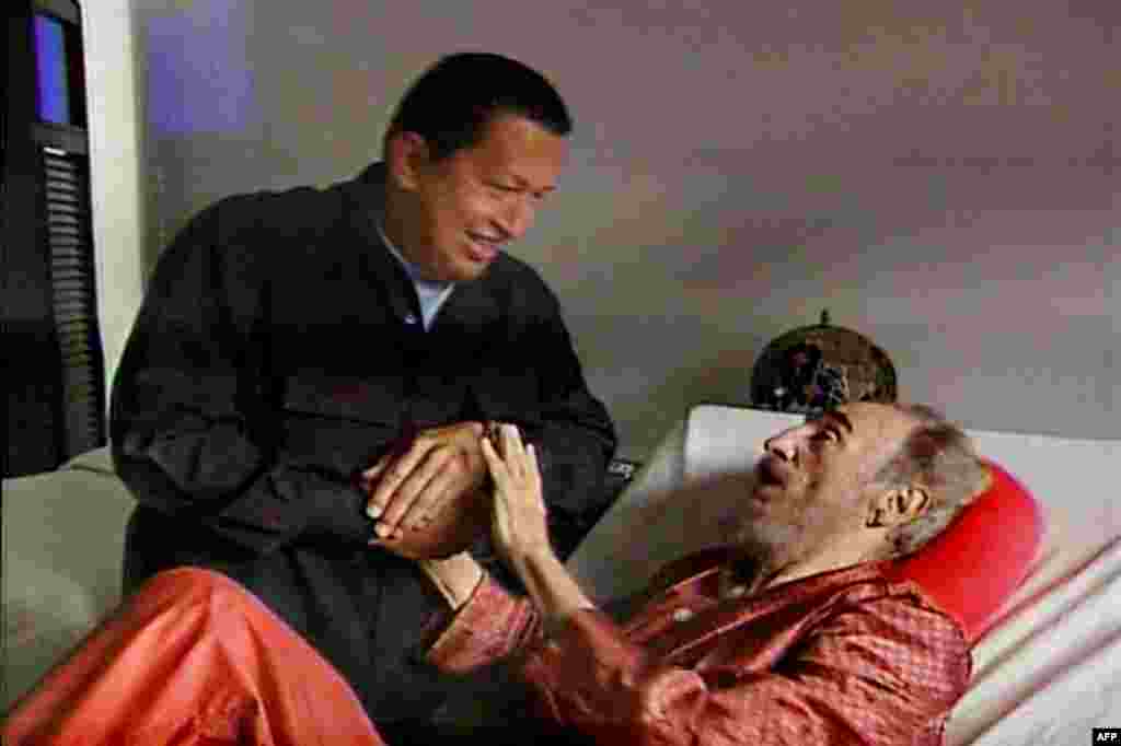 Venezuelan President Hugo Chavez pays a visit to an ailing Castro in Havana in September 2006. Despite his failing health, the Cuban leader outlived Chavez, who died of complications from cancer in 2013.&nbsp;