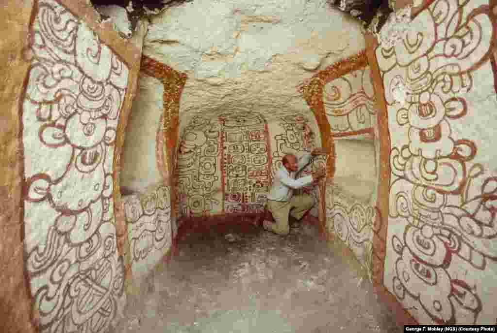 Archaeologist and National Geographic grantee Richard Adams examines pre-Columbian Mayan wall murals in Tomb One at Guatemala&#39;s Rio Azul in 1984.