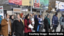 Afghan women protest in Kabul to call for representation in the cabinet on February 3.