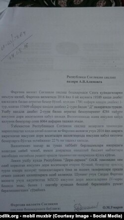 Farg‘ona viloyati Sog‘liqni saqlash boshqarmasi rahbarining O‘zbekiston Sog‘liqni saqlash vazirligiga yozgan (ammo qabul qilinmagan) maktubi nusxasi.