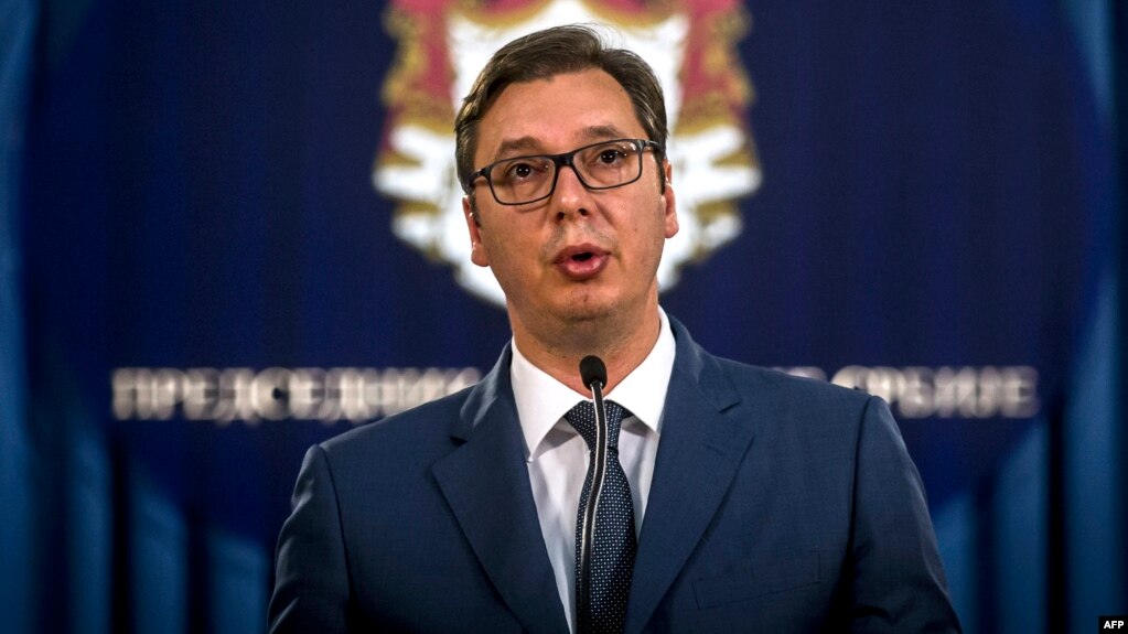 Serbian President Aleksandar Vucic gives a press conference in Belgrade on June 15.