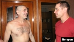 Tatooed activist Yury Rubtsou in his native city of Homel on August 23 after being released from prison