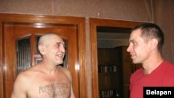 Tatooed activist Yury Rubtsou in his native city of Homel on August 23 after being released from prison