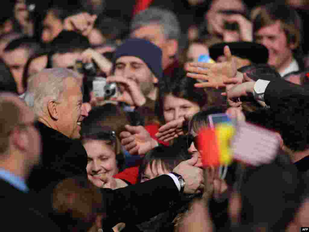 U.S. Vice President Joe Biden greets people in the Moldovan capital, Chisinau, on March 11. Biden is the highest-ranking U.S. official ever to visit Moldova, Europe&#39;s poorest country. (AFP/Vadin Denisov)