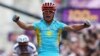 Kazakhstan's Aleksandr Vinokurov celebrates as he wins the men's cycling road race to claim the gold medal at the London 2012 Olympic Games on July 28.