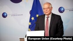 Belgium -- EU High Representative for Foreign Affairs and Security Policy Josep Borrell at a press conference in Brussels, July 12, 2020.