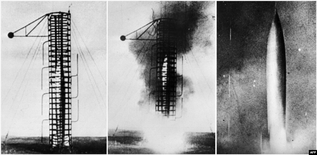 Photos showing the blastoff of Laika's spaceship from Soviet Kazakhstan on November 3, 1957. After entering space, Laika circled Earth four times, before dying of dehydration when a cooling system failed. The capsule carrying the dog's body drifted through space for another five months before finally burning up on reentry to Earth's atmosphere.