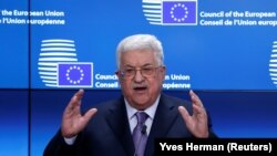 Palestinian leader Mahmud Abbas speaking in Brussels on January 22.