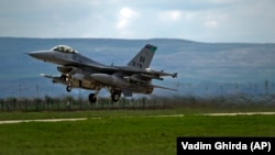 A U.S-made F-16 fighter jet takes off from an air base in Romania.