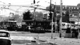 Burned trams and cars in the center of Sarajevo after heavy shelling by Bosnian Serb forces in May1995