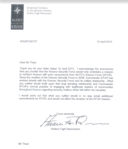 Letra që Sekretari i NATO-s, Anders Fogh Rasmussen i ka dërguar kryeministrit të atëhershëm Hashim Thaçi.