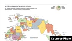 Дүйнө мусулмандарынын картасы. Pew изилдөө борбору түзгөн карта.